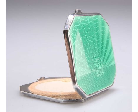 A GEORGE VI SILVER AND ENAMEL COMPACT by Joseph Gloster Ltd, Birmingham 1947, square with canted corners, the cover green ena