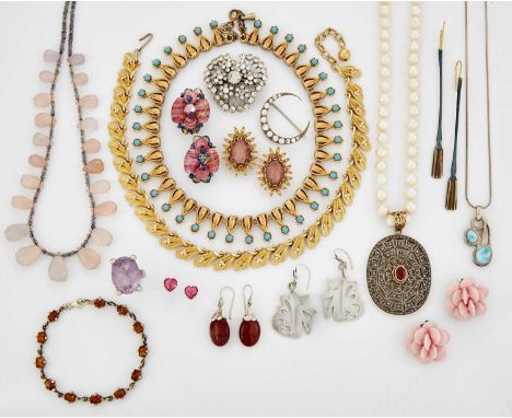 A RUBY, DIAMOND AND CULTURED PEARL NECKLACE; AND A QUANTITY OF COSTUME JEWELLERY  including a rose quartz and iolite bead nec