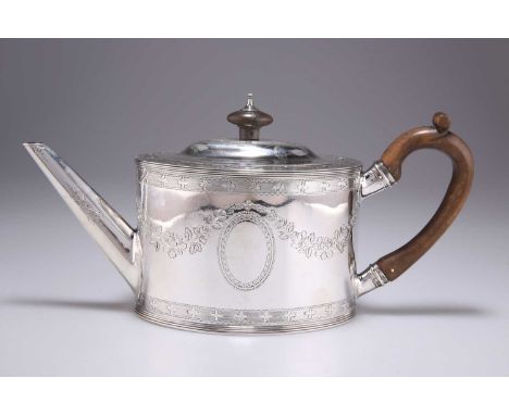 A FINE GEORGE III SILVER TEAPOT by Charles Aldridge, London 1786, oval, engraved with floral swags and vacant cartouches. 28.