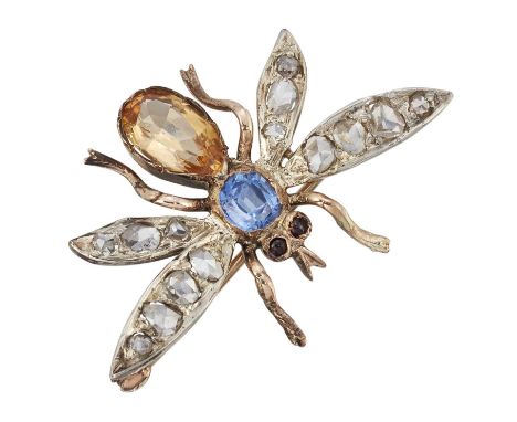 A 19TH CENTURY INSECT BROOCH with ruby-set eyes, rose-cut diamond wings, a cushion-cut sapphire thorax and a pear-cut imperia