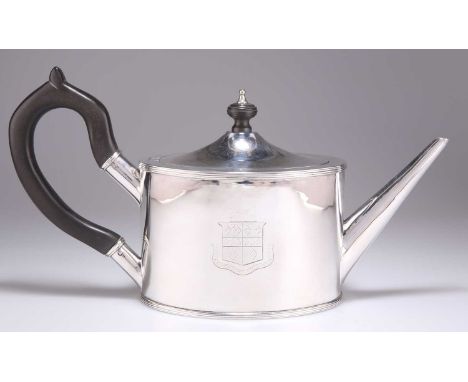 AN INDIAN COLONIAL SILVER TEAPOT by Joseph Rondo &amp; Co, Calcutta, c.1805-08, straight-sided oval form, engraved with a coa