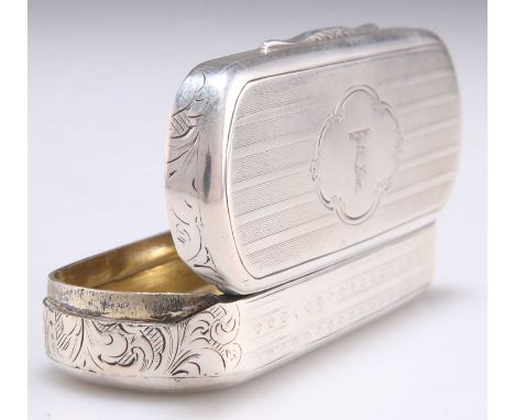 A VICTORIAN SILVER SNUFF BOX by Nathaniel Mills, Birmingham 1847, rectangular with rounded ends, hinged cover, engine-turned 