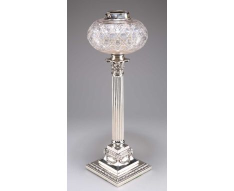 A VICTORIAN SILVER-PLATED CORINTHIAN COLUMN OIL LAMP BASE with cut-glass reservoir and Evered &amp; Co Ltd Patent Safety Lock