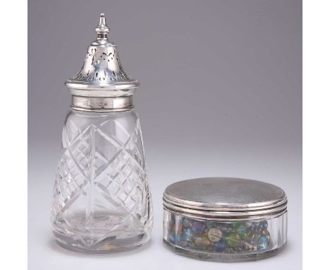 A VICTORIAN SILVER-TOPPED JAR AND AN ELIZABETH II SILVER-TOPPED SUGAR CASTER the jar by George Brace, London 1879, with engin