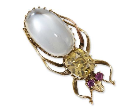 A 19TH CENTURY INSECT BROOCH with ruby-set eyes, a cushion-cut yellow zircon thorax and an oval moonstone abdomen. 3.5cm by 1