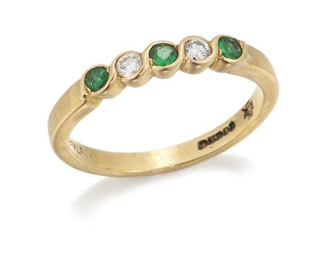 AN 18 CARAT GOLD EMERALD AND DIAMOND RING three round-cut emeralds spaced by round brilliant-cut diamonds in scroll settings.