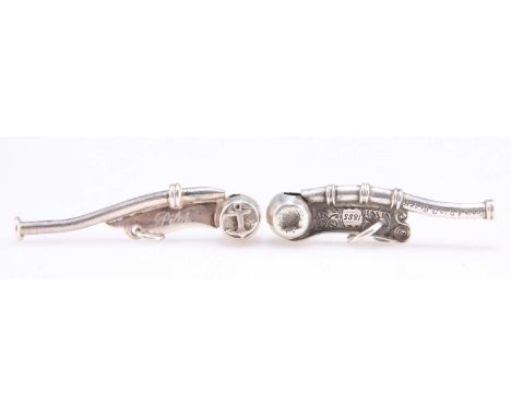TWO SILVER BOSUNS' WHISTLES, VICTORIAN AND MODERN both of typical boatswain's call form, the first, maker's mark punched thro
