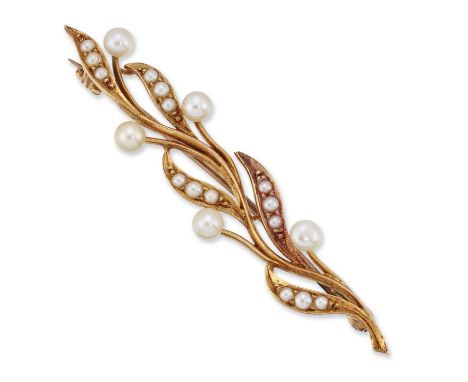 A LATE 19TH CENTURY SEED PEARL BAR BROOCH as a seed pearl-set laurel spray. 1.1cm by 4.8cm, 3.2 gramsGood condition.