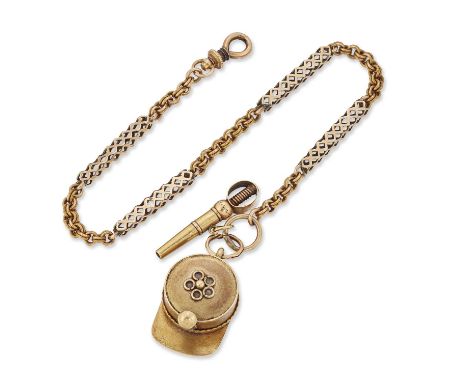 A 19TH CENTURY WATCH CHAIN WITH A NOVELTY FOB the two-tone fancy link chain with a clip and suspending a watch key and a nove