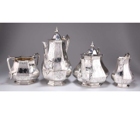 A VICTORIAN SILVER THREE-PIECE TEA SERVICE X by Edward, John & William Barnard, London 1850, of octagonal section, engraved w