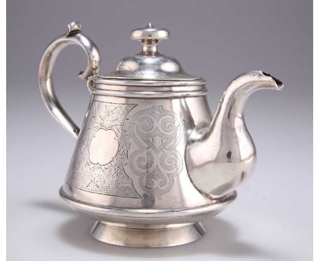 A 19TH CENTURY RUSSIAN SILVER TEAPOT assay master unknown, Moscow 1878, of tapering circular form with engraved foliate scrol