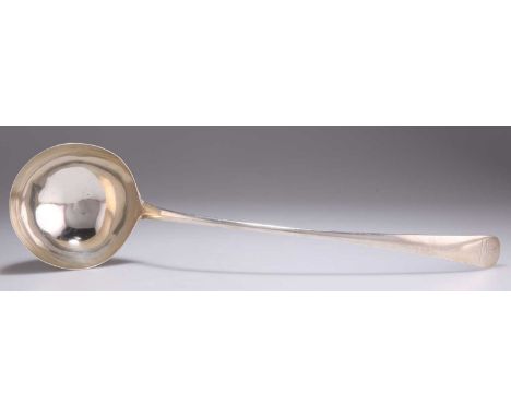 A GEORGE III SILVER SOUP LADLE by Thomas Ellis (probably), London 1773, Old English pattern, engraved with a crest. 35cm long