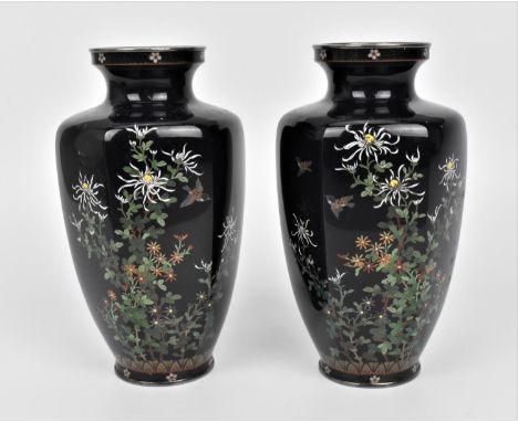 A pair of Japanese silver mounted cloisonne vases, late Meiji/early Taisho period, of hexagonal shape, decorated with sprays 