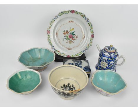 A small collection of Chinese porcelain to include an 18th century export enamelled plate, a late Qing dynasty porcelain teap