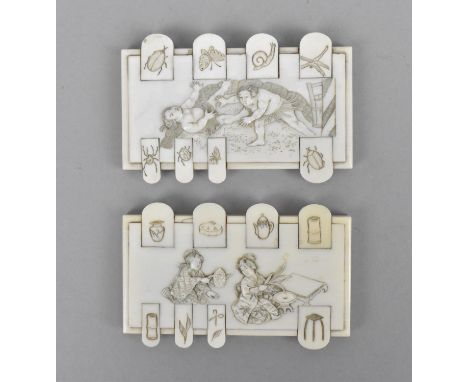 A pair of Japanese late Meiji period ivory bezique markers, one carved with two geishas preparing tea, the markers detailed w