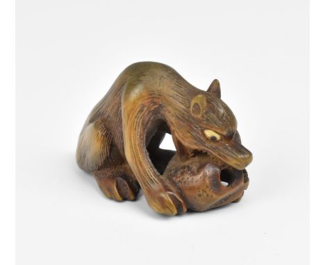 A Japanese cared wood netsuke, 19th century, modelled as a wolf and skull, with textured hair, unsigned, 2.8 cm high x 4.5 cm