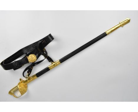 ER II Eickhorn British Naval officers dress sword with brass mounted leather scabbard, shagreen and gilt metal hilt with crow