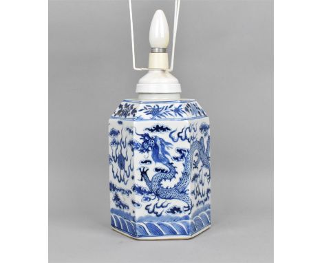 A Chinese late Qing dynasty blue and white porcelain lamp, of hexagonal shape with four clawed dragons and flaming pearl amon