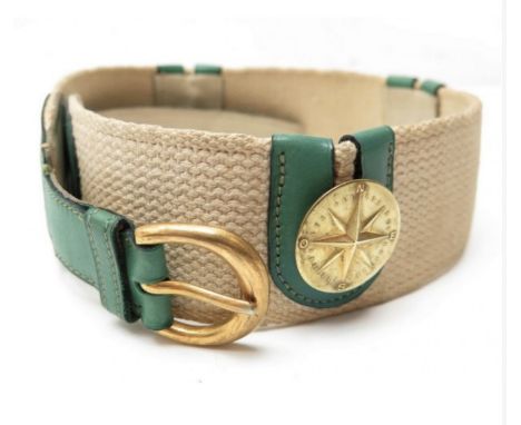 HERMES Paris, 24 Fg St Honoré, circa 1930. Ceinture 'Rose des Vents'En toile 'H' et cuir box vert pomme, boucle et motifs en 