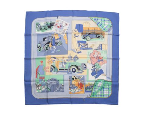 HERMES Paris, créé en 1996. Carré 'Confort en Automobile'Dessinateur: Caty LathamEn soie imprimée et titrée, marge bleue. Bib