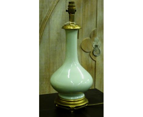A Chinese style Celadon glaze bottle vase Lamp with ormolu mounts and base, 44cm (total height) 