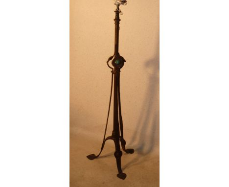 An Art Nouveau period highly stylised Lamp Standard Base, the three middle section leaf shapes with turquoise blue Ruskin sto