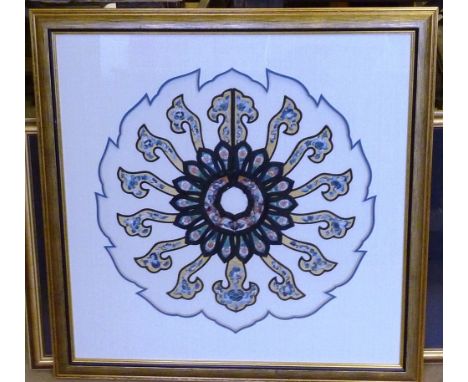 A large gilt framed and glazed Oriental (probably Chinese) Silkwork Mandarin Collar, central flower head design with black ed