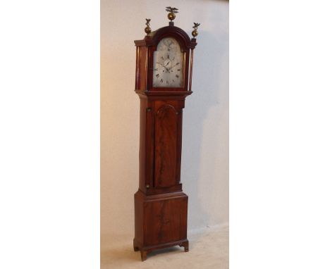 A large George III period mahogany and boxwood strung eight day Longcase Clock, the 12" broken arch brushed steel dial below 