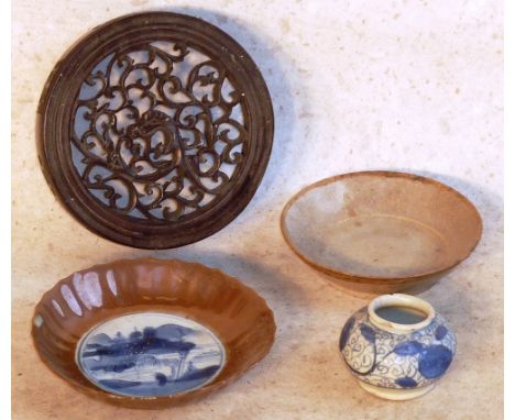 An early Anamese style squat spherical ceramic Pot decorated in cobalt blue (London Gallery label to underside), together wit