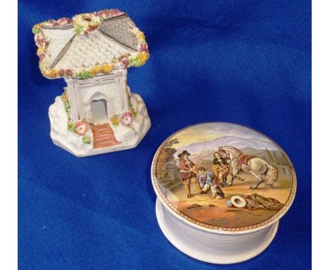 A 19th Century Prattware style Pot Lid and Base, the lid depicting a young squire attending his master within countryside sur