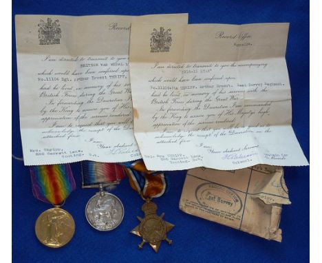 A First World War Medal Group awarded to Private/Sergeant Arthur Ernest Thripp (No. 11104), comprising 1914/15 Star, British 