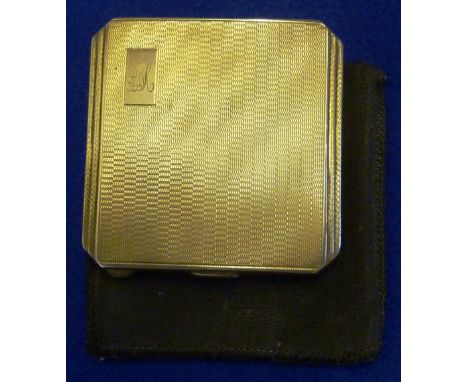 An Art Deco style heavy hallmarked silver ladies Compact, engine turned decoration and the rectangular cartouche monogrammed 