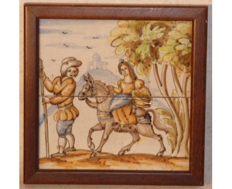A framed double ceramic Tile hanging depicting a lady riding side-saddle and her standing male companion before trees and an 