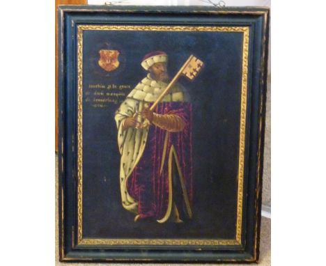 An early Hogarth framed Oil on wooden Panel full length Portrait Study "Joachim Frederich" (d. 1608), Marquis of Brandenburg 