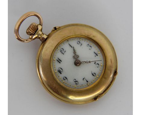 JUGENDSTIL DAMENTASCHENUHRum 1910 585/000 Goldgehäuse mit 5 Diamanten. Staubdeckel Metall. Zylinderwerk mit Kronenaufzug, Ema