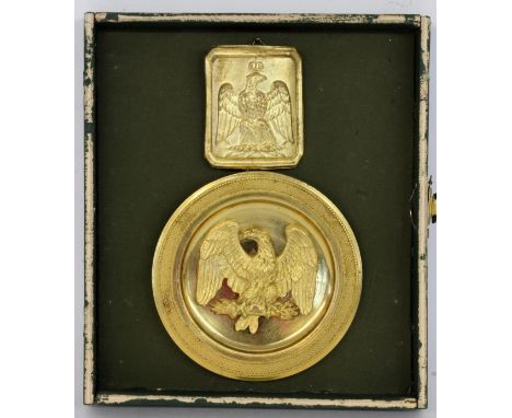 NAPOLEONISCHER REICHSADLERFrankreich, 19.Jh. Medaille und Gürtelschnalle mit Adler. Bronze vergoldet, gerahmt. D. Medaille 10