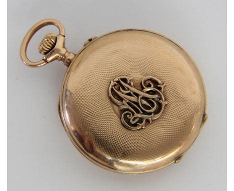 GOLDENE SAVONETTE TASCHENUHRGuillochiertes 585/000 Goldgehäuse mit goldenem Staubdeckel. Kronenaufzug, Emailziffernblatt mit 