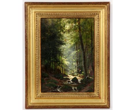 PUHONNY, VICTORPrag 1838 - 1909 Baden-Baden Waldinneres mit Wildbach und Reisigsammlerin. Öl/Lwd., Verso auf altem Etikett be
