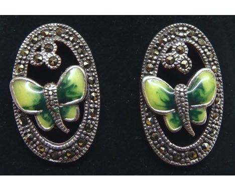 A pair of silver oval Earrings with enamelled butterfly decoration in a marcasite surround. 