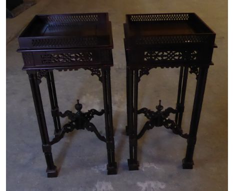 A pair of reproduction mahogany Lamp Tables, the square tops with galleried edge, on turned cluster column supports, 13 1/2" 