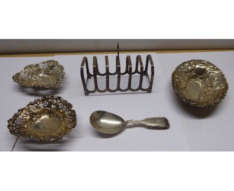 A silver six division Toast Rack, three various Sweetmeat Dishes and a Victorian silver Caddy Spoon.