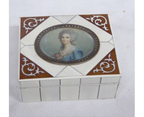 A continental "piano key" ivory Box, the hinged cover inset with an oval portrait miniature of a lady, signed Duprè, 4" (10cm