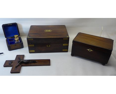 A Victorian rosewood and brass inlaid Box, a Victorian box containing two glass scent bottles, a tea caddy, an agate box and 