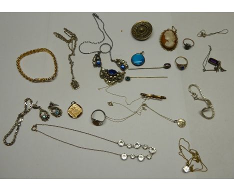 A quantity of Costume Jewellery including two stone set stick pins, silver and butterfly wing pendant, 9ct. gold bar brooch e