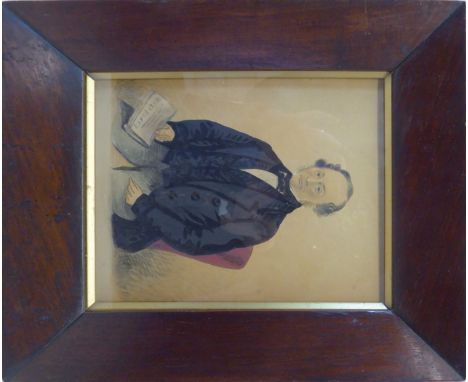 A mid 19th century watercolour Portrait of a gentleman reading the Expositor Newspaper.  7" (18cms) x 6" (15cms). 