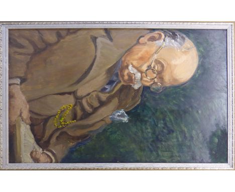 GEORGE ANDERSON SHORT (1856-1945); Self Portrait, half length, seated reading a book, Oil on Board, 21" (53cms) x 14 1/2" (37