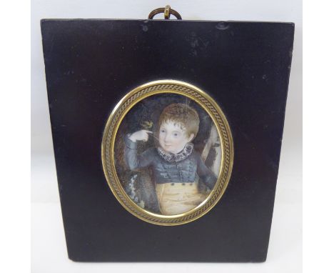 A miniature oval Portrait of a boy in a skeleton suit with a bird perched on his finger.  2 1/2" (6cms) x 2" (5cms). 