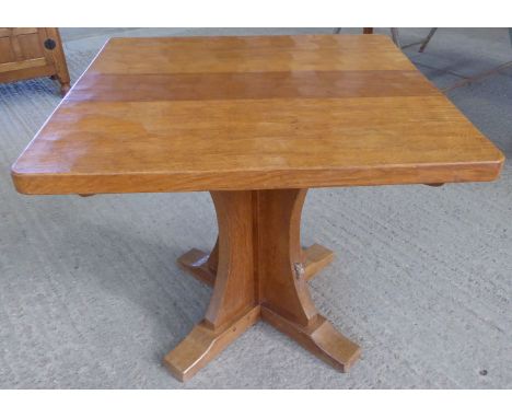 A Thompson of Kilburn "Mouseman" adzed oak square Dining Table on a cruciform base, with carved mouse signature, 2' 9" (84cms