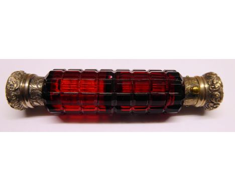 A Victorian ruby glass double ended Scent Flask with embossed screw-off and spring loaded caps.