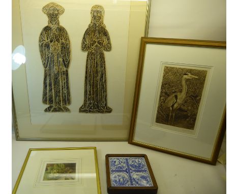 SIMON TURVEY; an artist signed limited edition Print of a heron, No. 18/30, a print of hazel nuts, a brass rubbing from Norfo